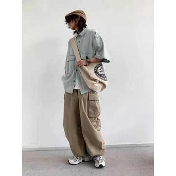 Aidase Japanese Trendy Set Mens Retro Simplicity Light Blue Denim Shirt+Multi Pocket Wide Leg Cargo Pants 2-pcs Street Harajuku Suit aidase-shop